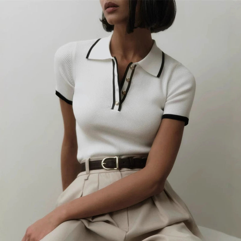 Valentina | Chic Ribbed Knit Top with Stylish Contrast Lapel