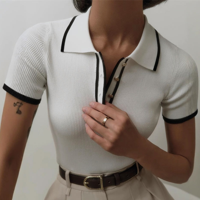 Valentina | Chic Ribbed Knit Top with Stylish Contrast Lapel