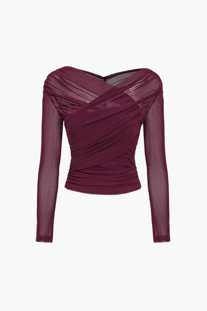 Victoria | Chic Ruched Mesh Top with Long Sleeves