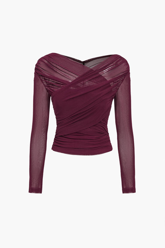 Victoria | Chic Ruched Mesh Top with Long Sleeves