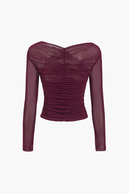 Victoria | Chic Ruched Mesh Top with Long Sleeves