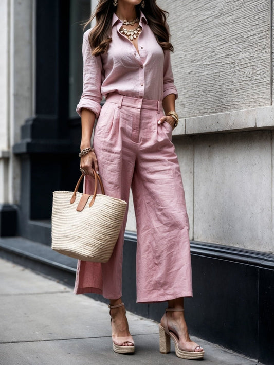 Women's Two-Piece Set | Collared Shirt Top and Pants