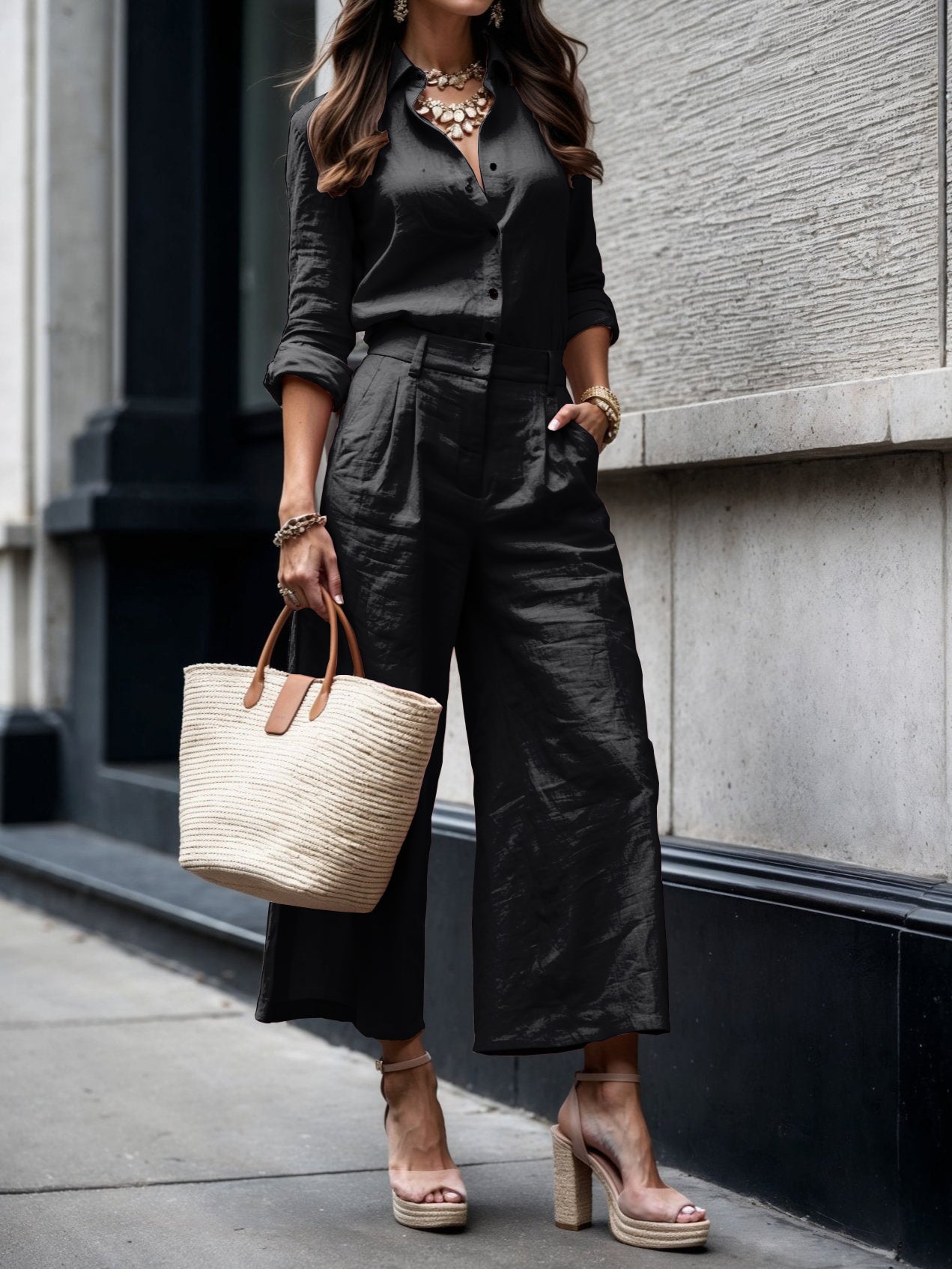 Women's Two-Piece Set  | Collared Shirt Top and Pants
