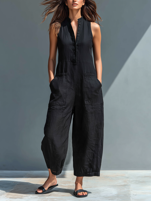 Sleeveless Jumpsuit for Women with High Collar and Buttons