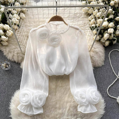 Isabelle | Chic White Blouse with 3D Floral Accents