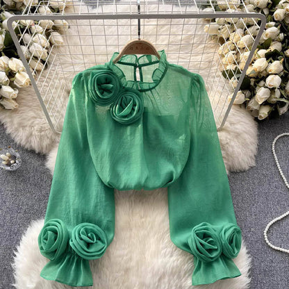 Isabelle | Chic White Blouse with 3D Floral Accents