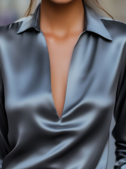 Luna | Chic Silver V-Neck Blouse for Effortless Style