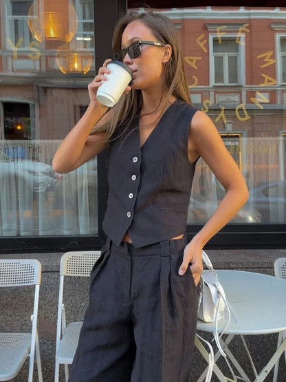 Women's Two-Piece Set | Sleeveless Vest Wide Leg Pants