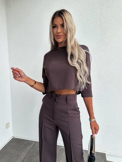 Women's Two-Piece Lounge Set | Short Sleeve Top Flare Pants