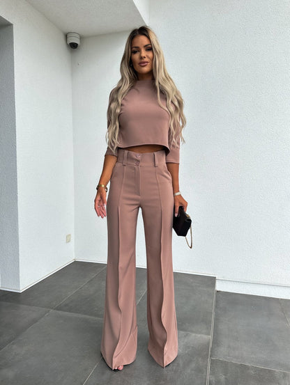 Women's Two-Piece Lounge Set | Short Sleeve Top Flare Pants