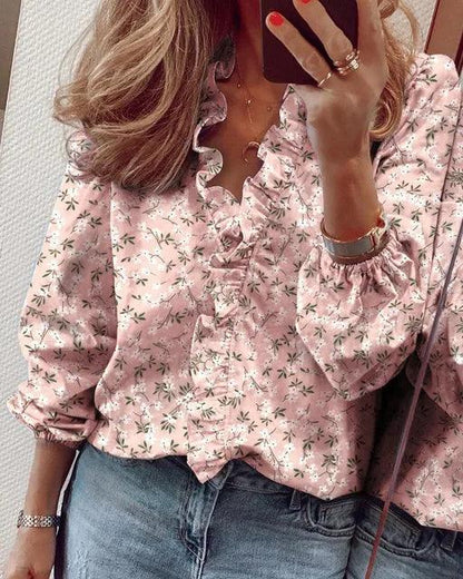 Serena | Chic V-Neck Blouse with Ruffle Accents