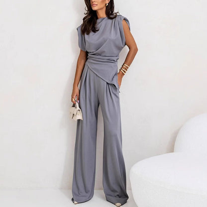 Women's Two-Piece Set | Draped Top and  Wide-leg Pants
