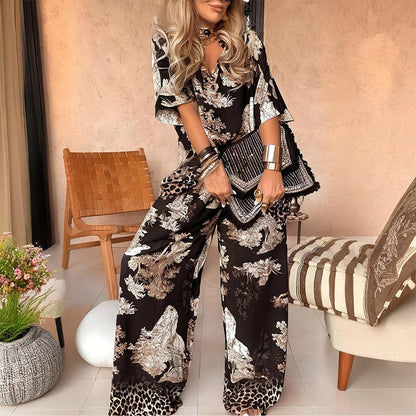 Women's Two-Piece Set  | V-Neck Top Wide Leg Pants