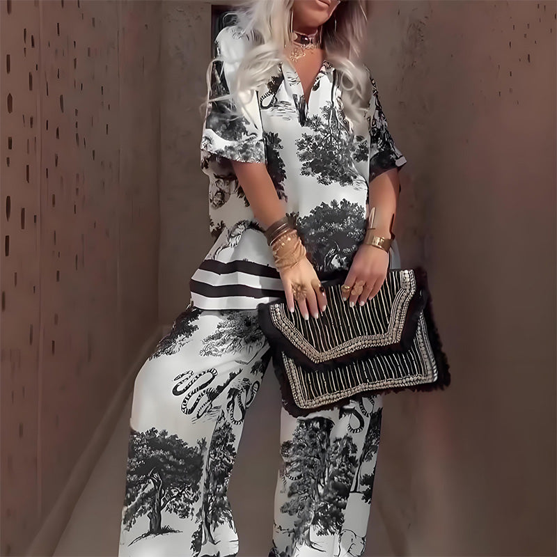 Women's Two-Piece Set  | V-Neck Top Wide Leg Pants
