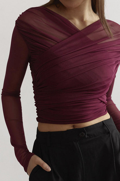 Victoria | Chic Ruched Mesh Top with Long Sleeves