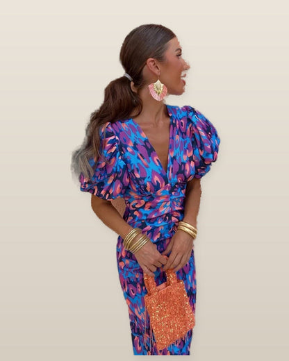 Loren | Vibrant Midi Dress with Puff Sleeves